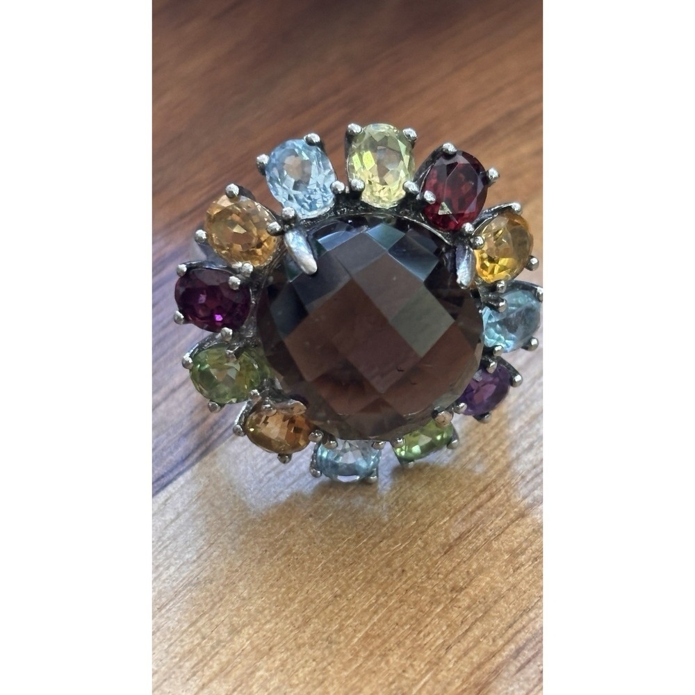 Sterling Silver Feceted Smoky Quartz Multi Gemstone Flower Ring Signed FP Sz 7
